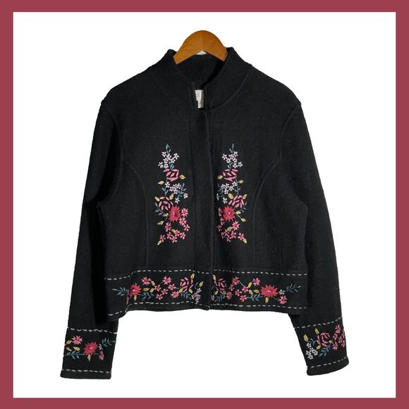 Vintage Silk Club Wool Embroidered Floral Jacket Coat Cardigan Black Boho Large - Picture 1 of 11